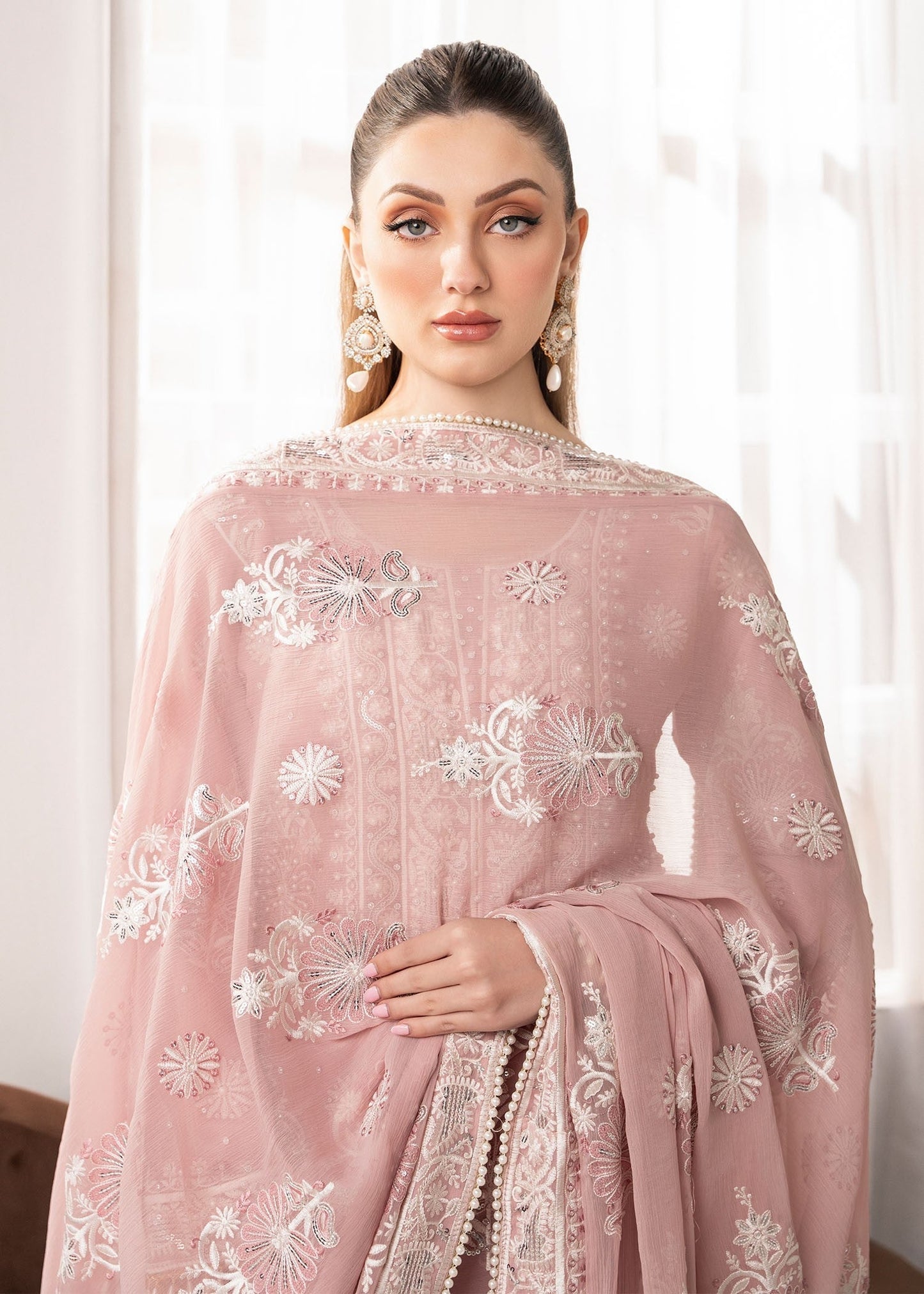 Designer Blush Pink Chiffon Pakistani Suit Online in KSA Riyadh Saudi Arabia Oman Bahrain Qatar