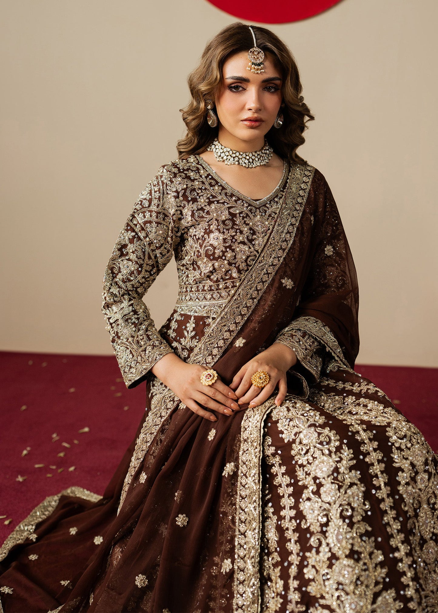 Designer Brown Chiffon Anarkali Peshwas Online in KSA Riyadh Saudi Arabia Oman Bahrain Qatar