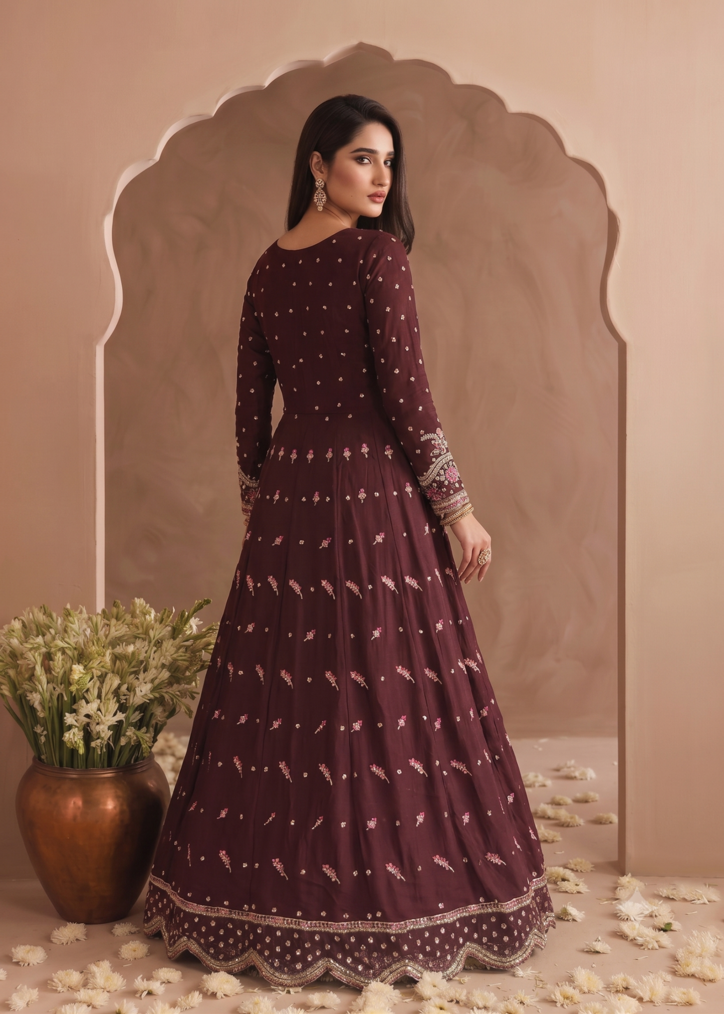 Designer Brown Chiffon Maxi Partywear Online in KSA Riyadh Saudi Arabia Oman Bahrain Qatar