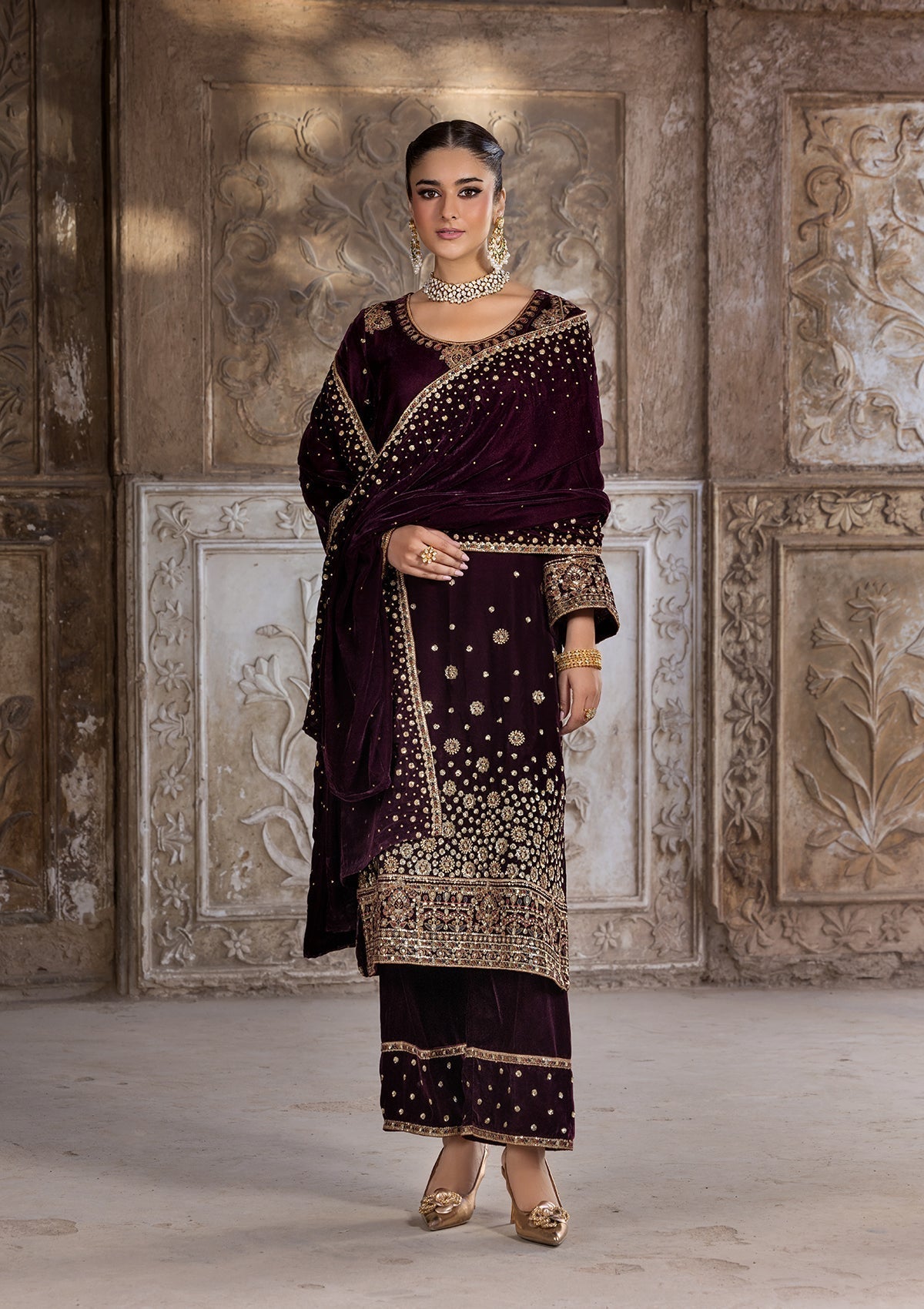 Designer Burgundy Velvet Partywear Suit Online in Sri Lanka India Australia