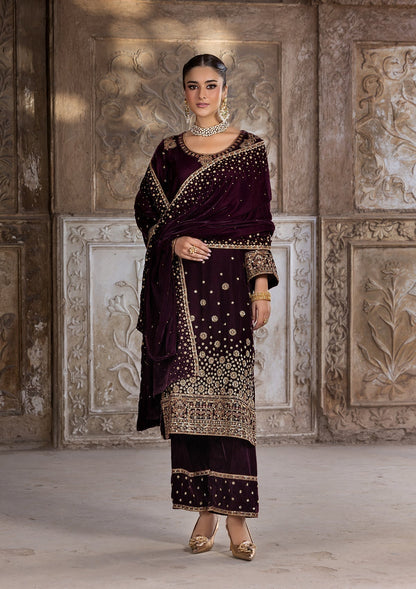 Designer Burgundy Velvet Partywear Suit Online in Sri Lanka India Australia