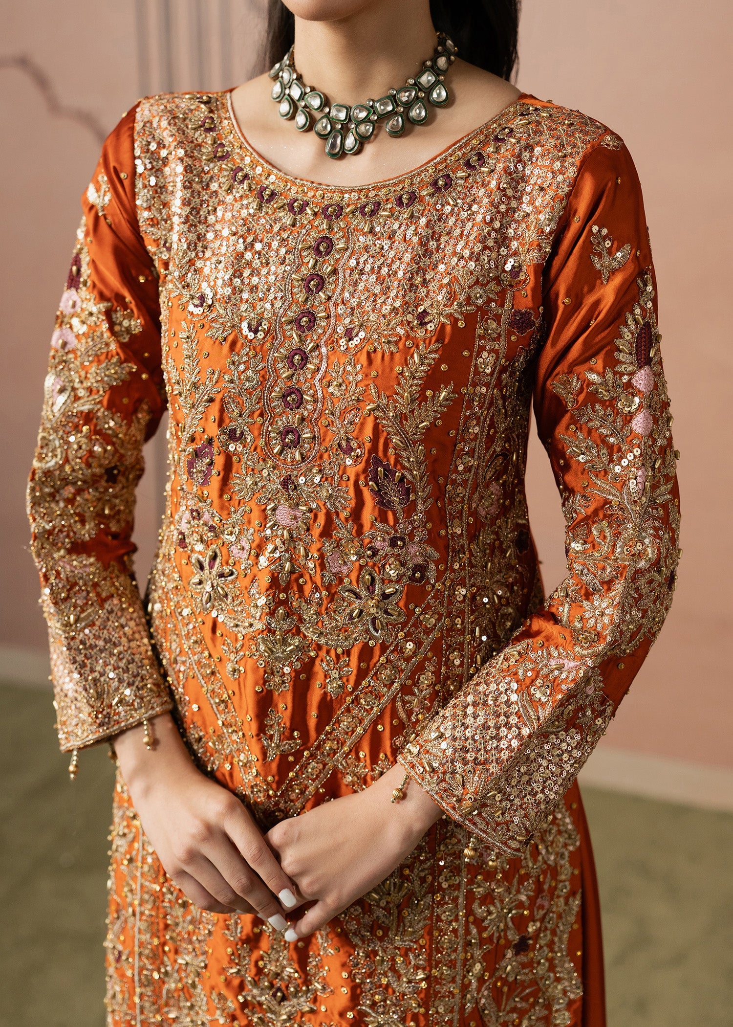 Designer Burnt Orange Charmuse Kurta Shalwar Online in Sri Lanka India Australia