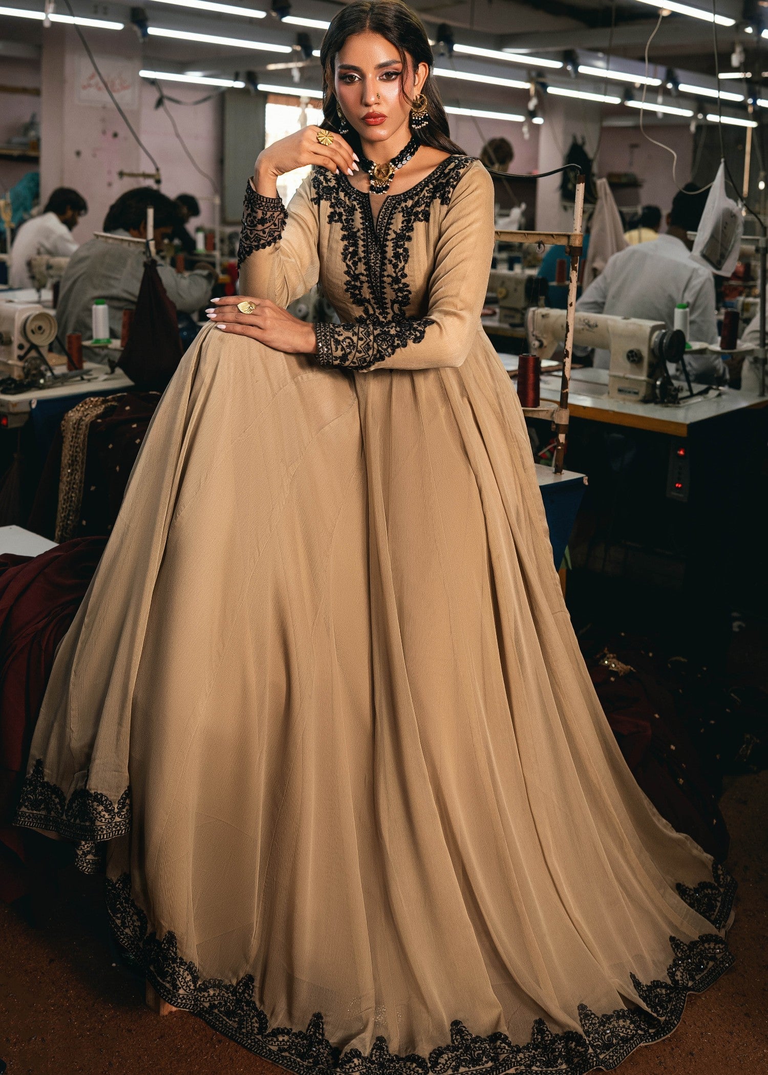 Designer Camel Brown Chiffon Pishwas for Party Wear Online in KSA Riyadh Saudi Arabia Oman Bahrain Qatar
