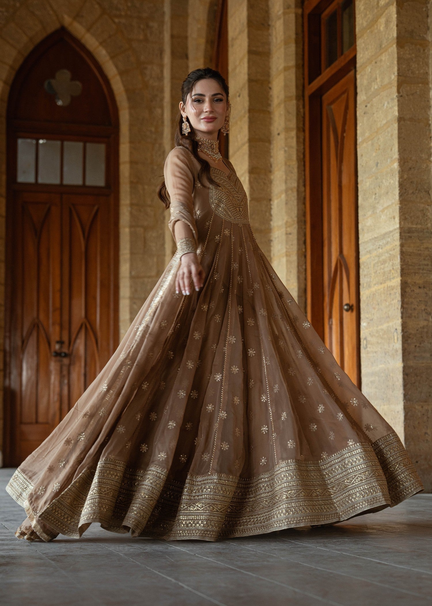 Designer Camel Chiffon Festive Outfit Online in KSA Riyadh Saudi Arabia Oman Bahrain Qatar