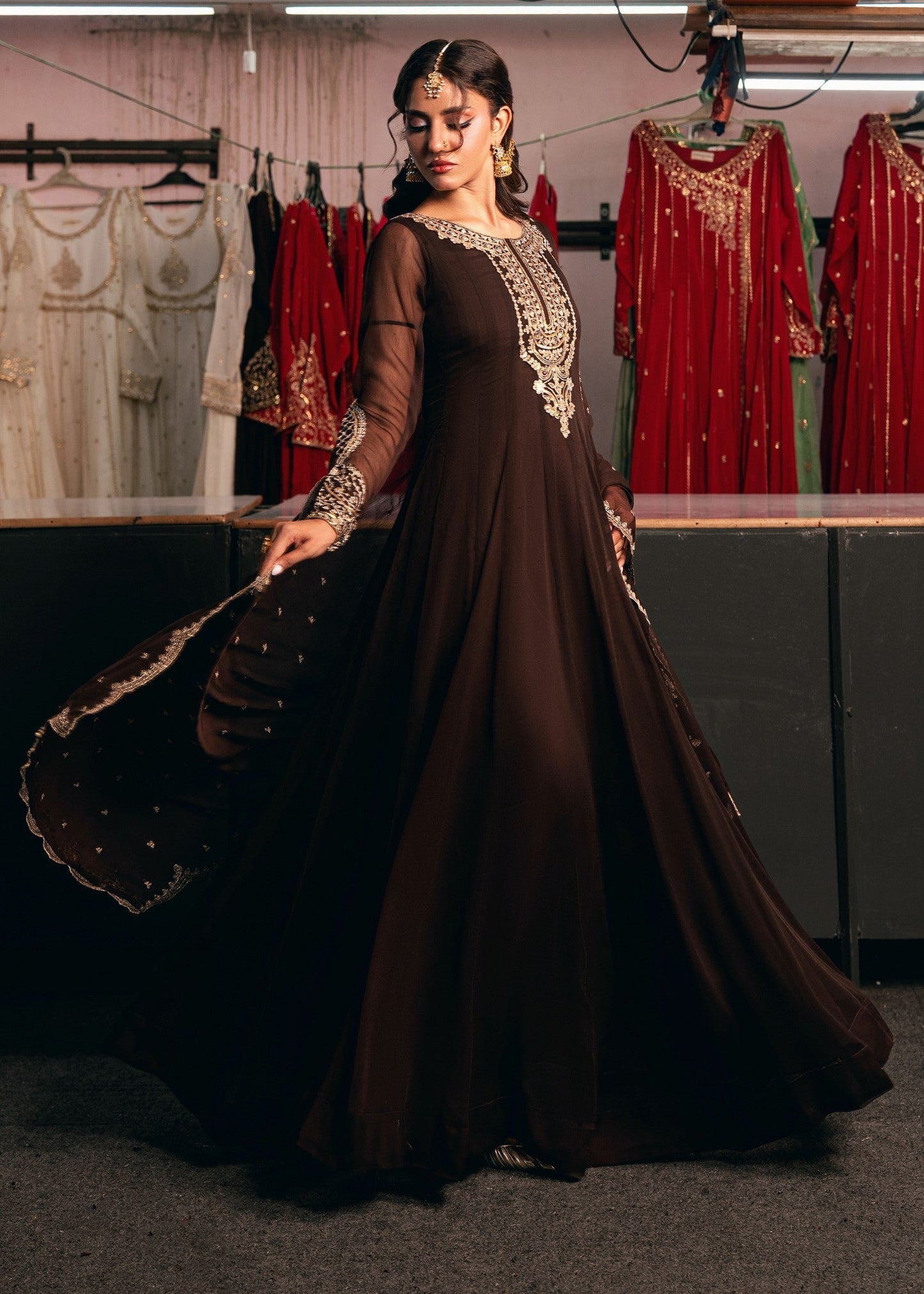 Designer Chocolate Brown Chiffon Pishwas Outfit Online in UK USA Canada