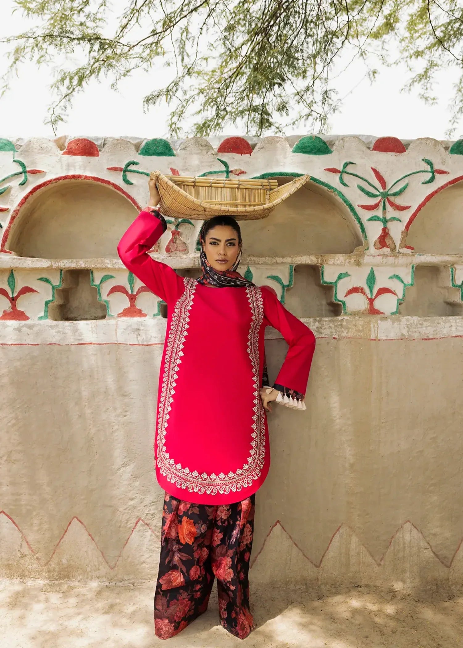 Designer Coral Red Lawn Farshi Suit with Bell Sleeves Online in Sri Lanka India Australia