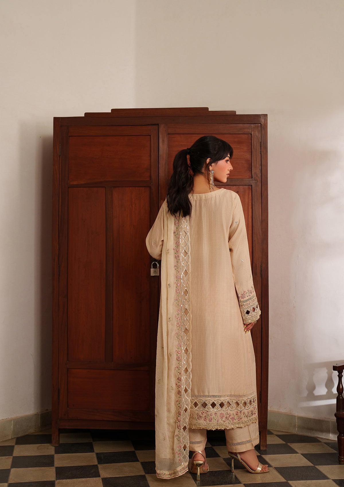 Designer Cream Embroidered Lawn Kurta Online in UK USA Canada