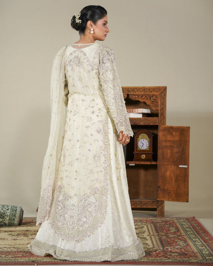Designer Cream Organza Salwar Kameez with Thread Tilla Sequence Work Online in KSA Riyadh Saudi Arabia Oman Bahrain Qatar