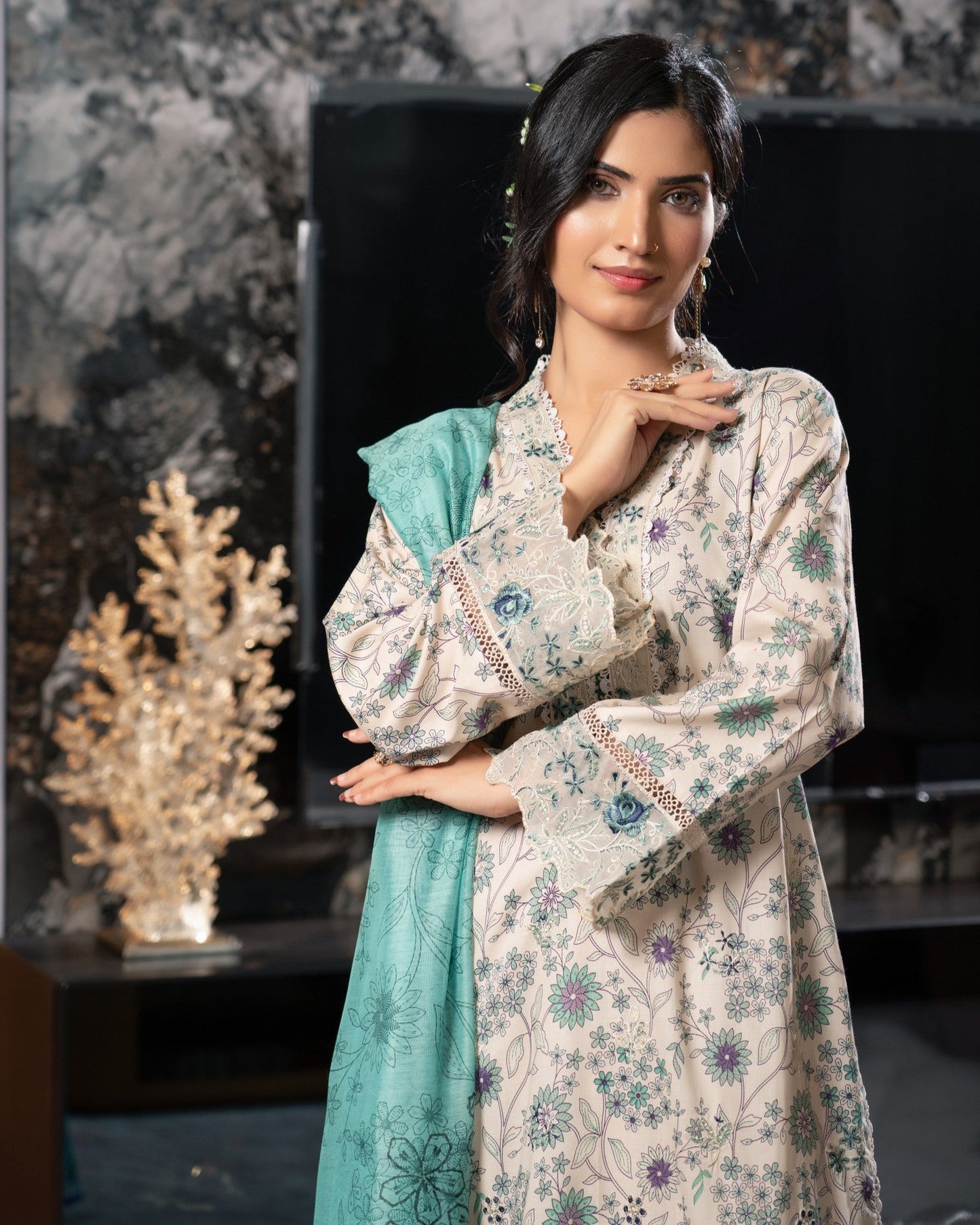 Designer Cream Patchwork Lawn Salwar Kameez Online in UK USA Canada