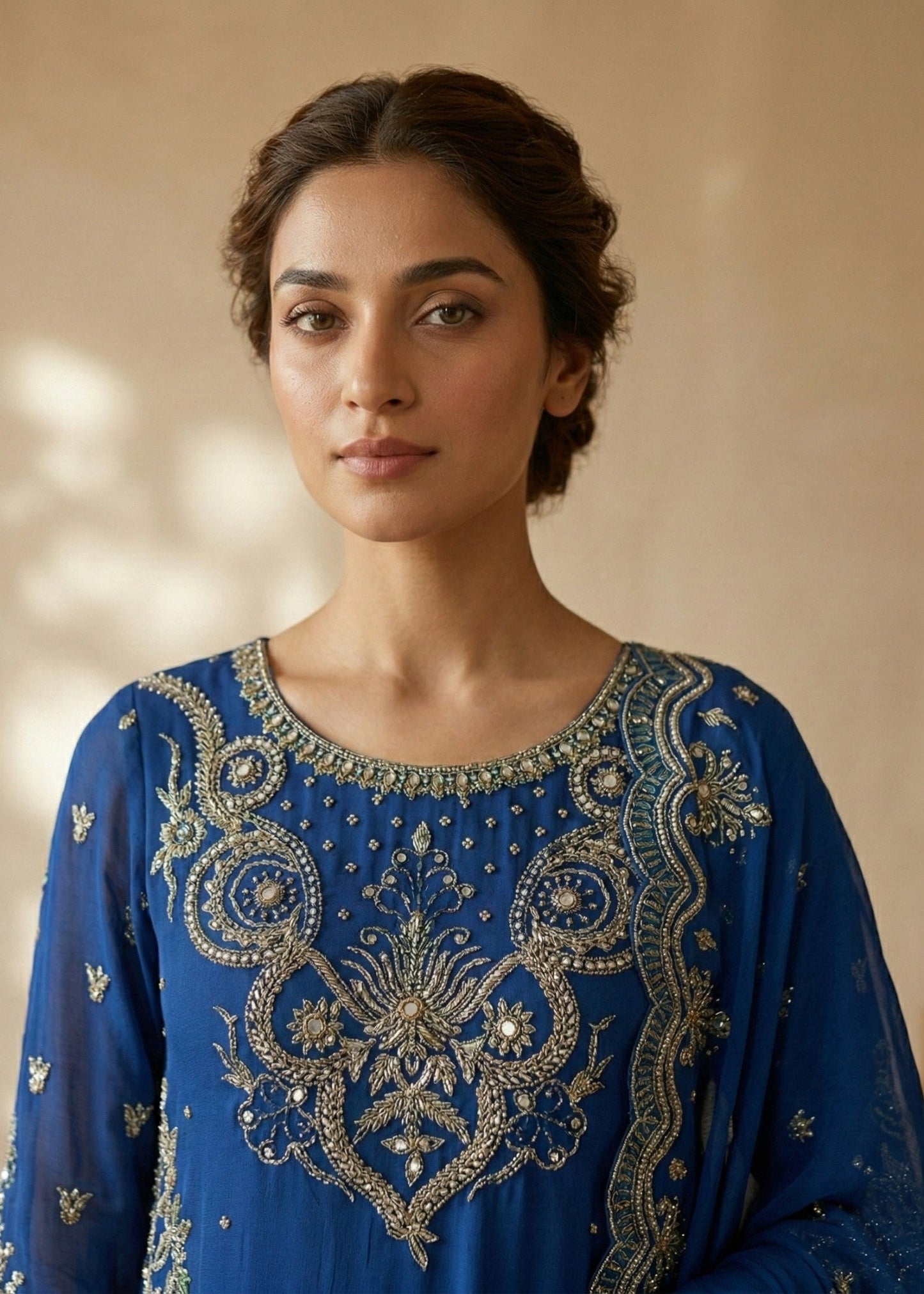 Designer Dark Blue Embroidered Chiffon Suit Online in KSA Riyadh Saudi Arabia Oman Bahrain Qatar