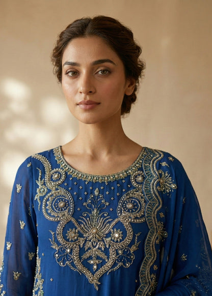 Designer Dark Blue Embroidered Chiffon Suit Online in KSA Riyadh Saudi Arabia Oman Bahrain Qatar
