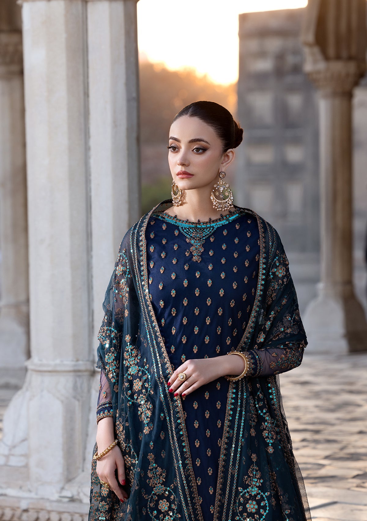 Designer Dark Blue Net Salwar Kameez Online in KSA Riyadh Saudi Arabia Oman Bahrain Qatar