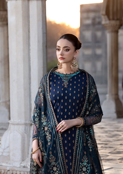 Designer Dark Blue Net Salwar Kameez Online in KSA Riyadh Saudi Arabia Oman Bahrain Qatar