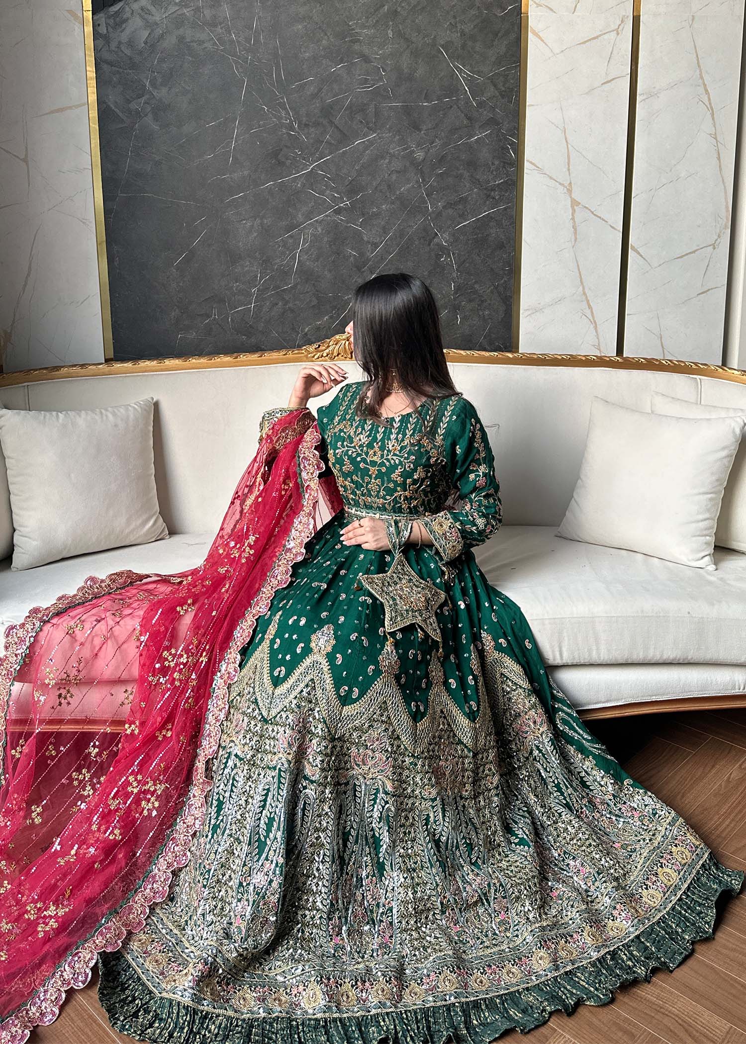 Designer Dark Green Chiffon Pakistani Wedding Outfit Online in KSA Riyadh Saudi Arabia Oman Bahrain Qatar