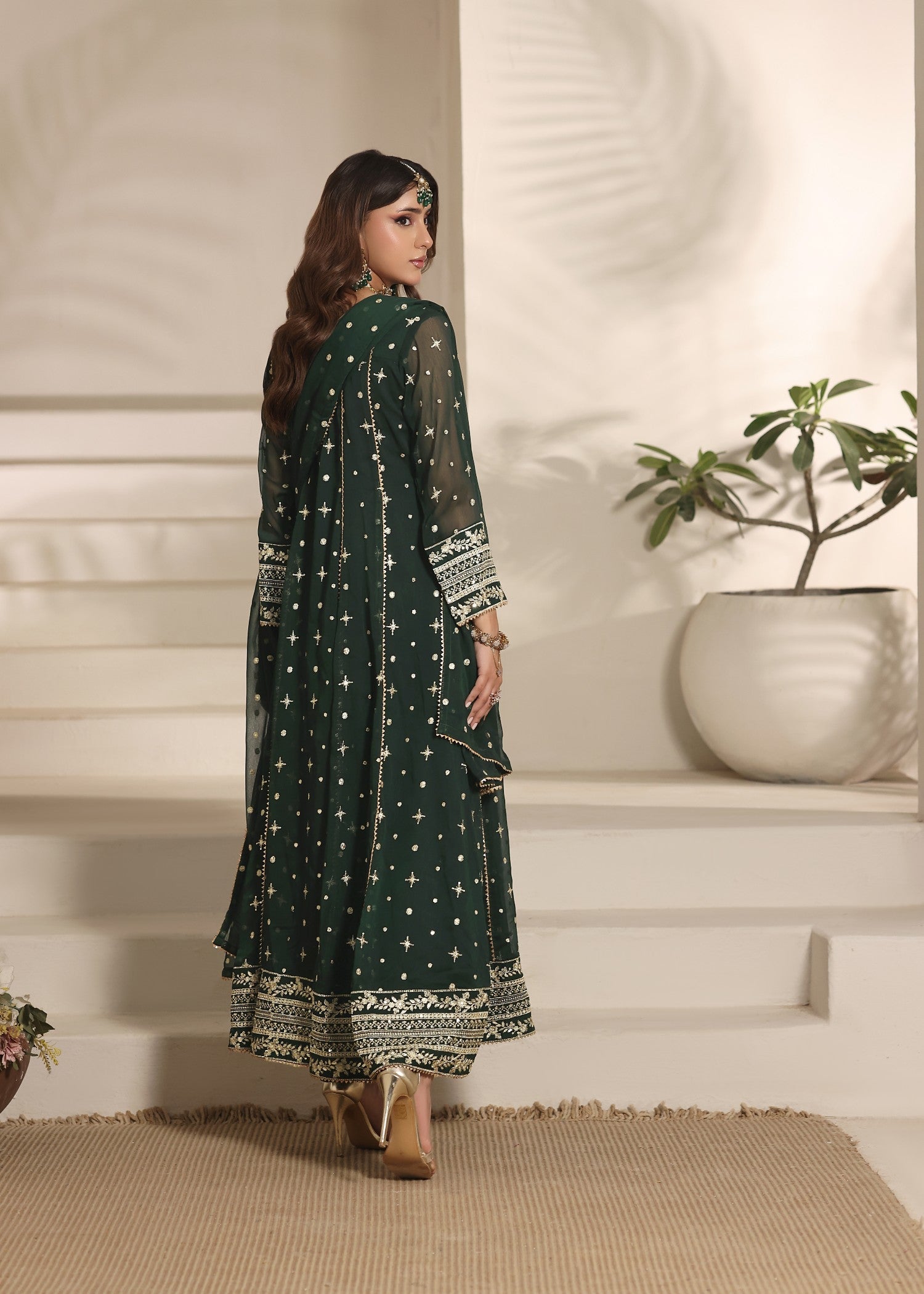 Designer Dark Green Chiffon Pishwas Suit Online in KSA Riyadh Saudi Arabia Oman Bahrain Qatar