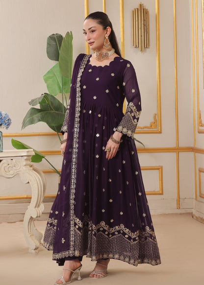 Designer Egg Plant Chiffon Flared Top Suit Online in KSA Riyadh Saudi Arabia Oman Bahrain Qatar
