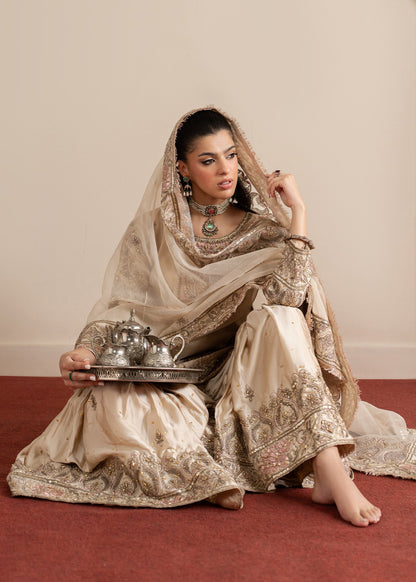 Designer Embroidered Beige Gharara Dress Online in KSA Riyadh Saudi Arabia Oman Bahrain Qatar