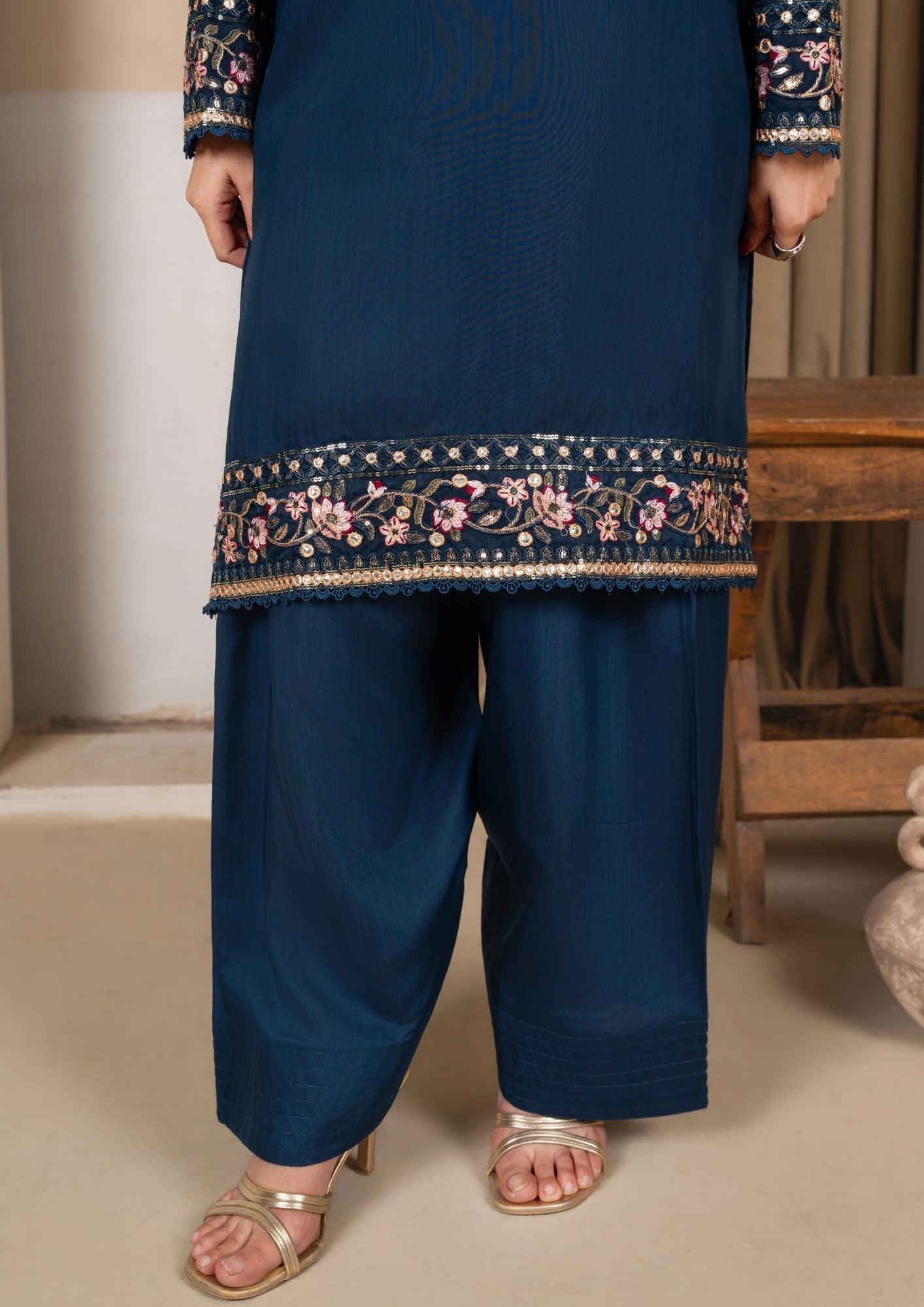 Designer Embroidered Farshi Shalwar Prussian Blue Online in KSA Riyadh Saudi Arabia Oman Bahrain Qatar