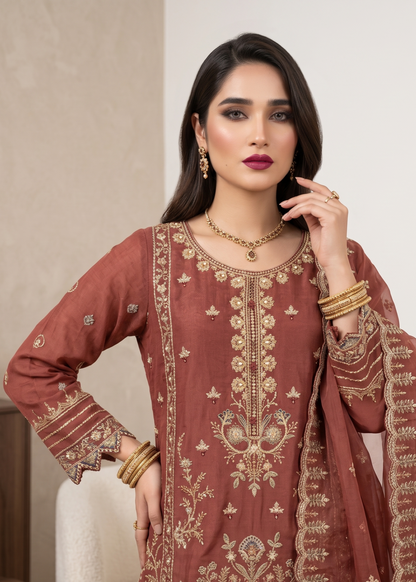 Designer Embroidered Organza Sharara Suit Online in KSA Riyadh Saudi Arabia Oman Bahrain Qatar