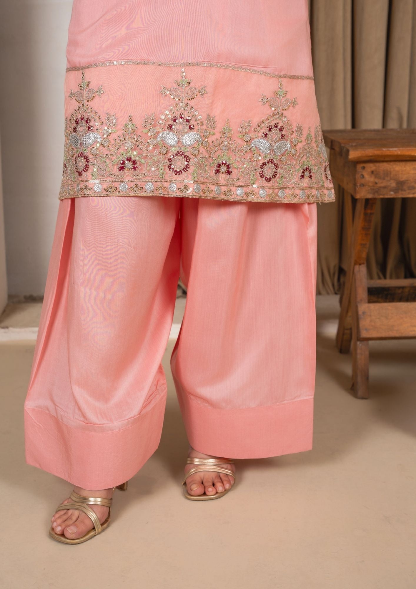 Designer Embroidered Peach Farshi Shalwar Outfit Online in KSA Riyadh Saudi Arabia Oman Bahrain Qatar