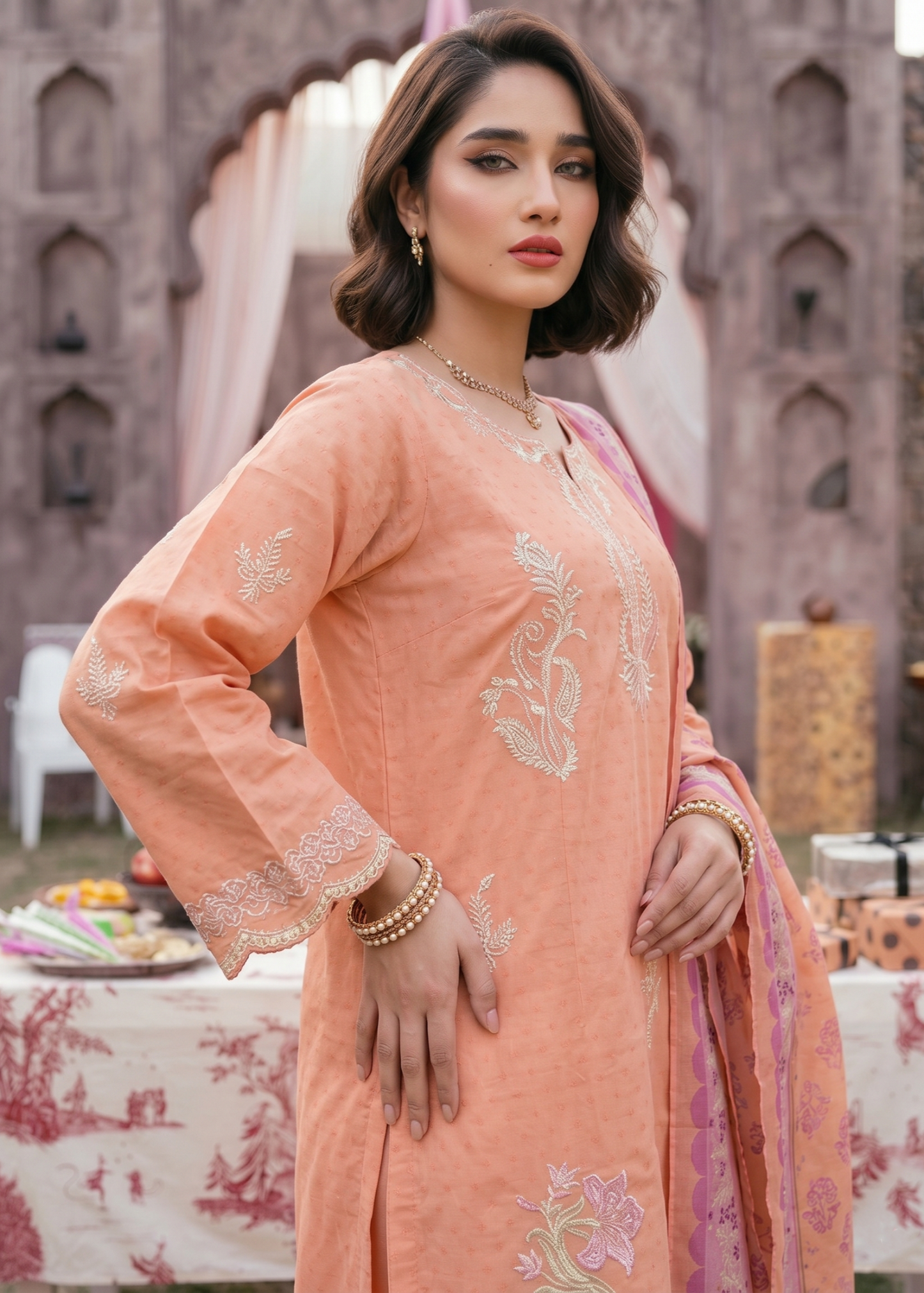 Designer Embroidered Peach Suit Online in UK USA Canada