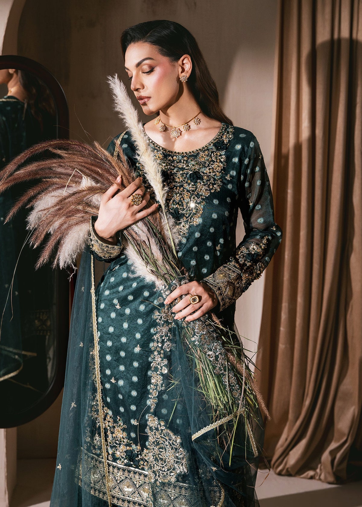 Designer Emerald Green Organza Sharara Online in KSA Riyadh Saudi Arabia Oman Bahrain Qatar