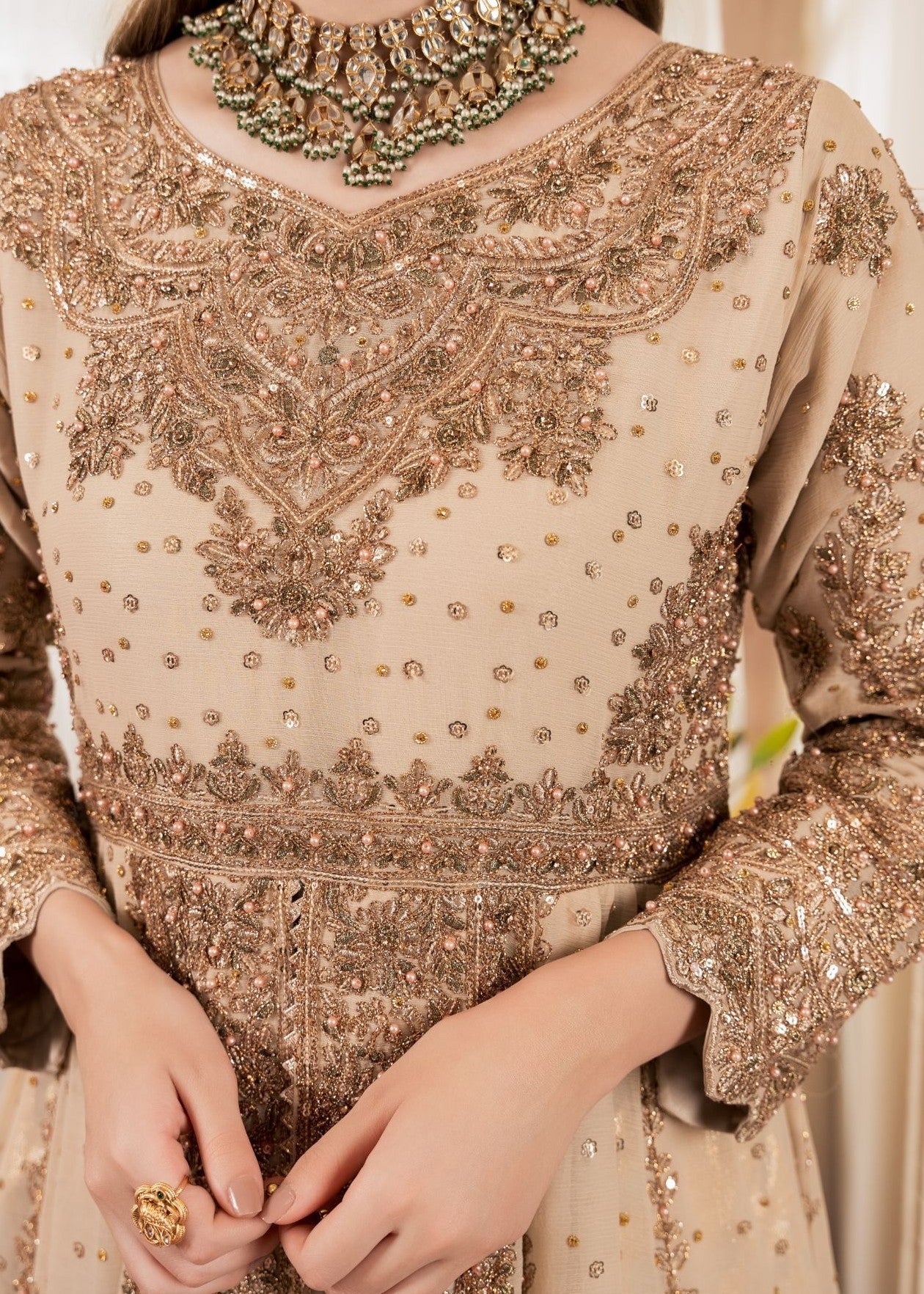 Designer Gold Chiffon Embroidered Salwar Suit Online in Dubai UAE Abudhabi Ajman Sharjah