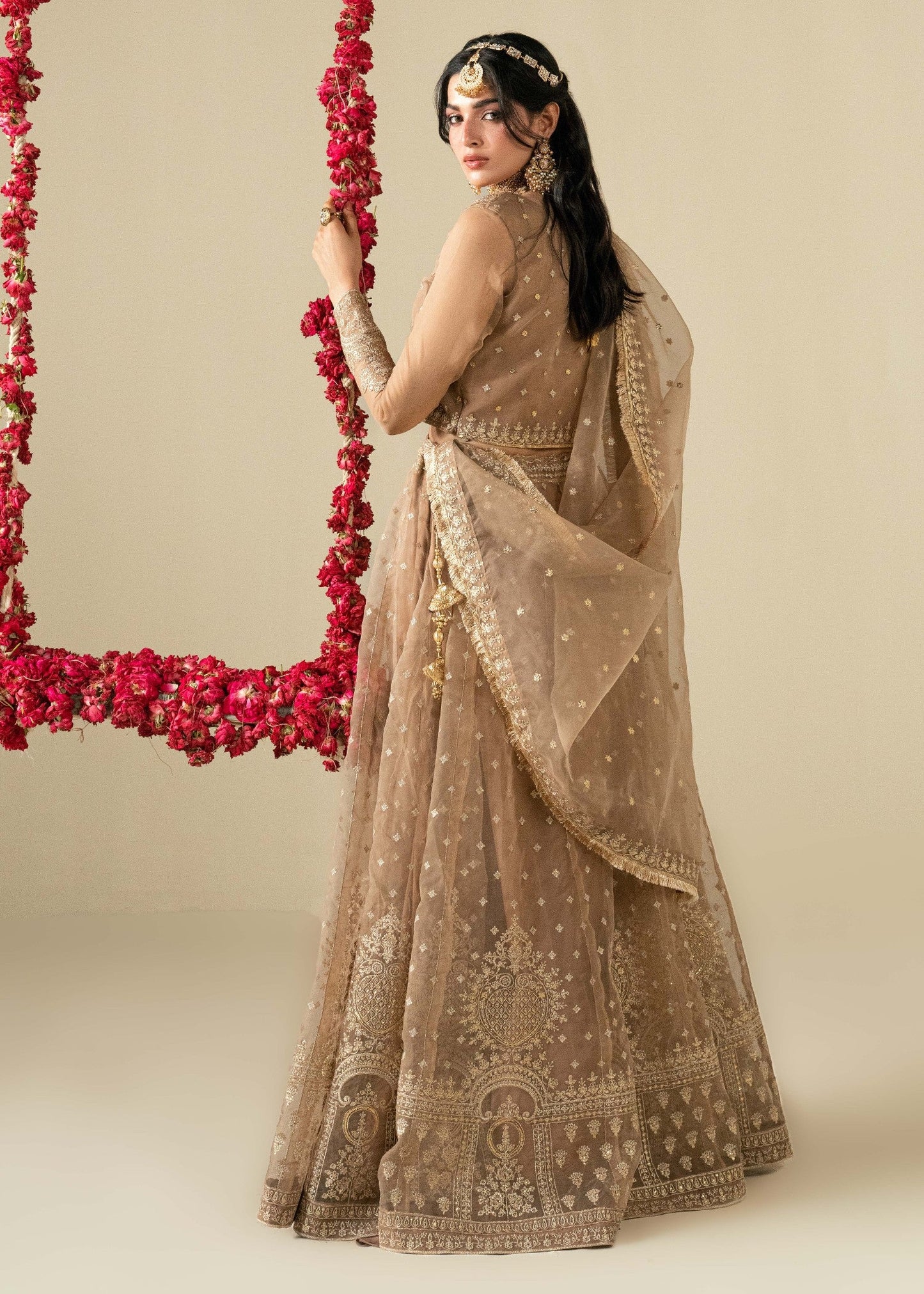 Designer Golden Brown Organza Lehenga for Festive Occasion Online in KSA Riyadh Saudi Arabia Oman Bahrain Qatar