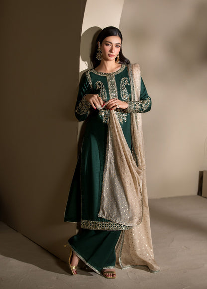 Designer Green Raw Silk Embroidered Party Suit Online in KSA Riyadh Saudi Arabia Oman Bahrain Qatar