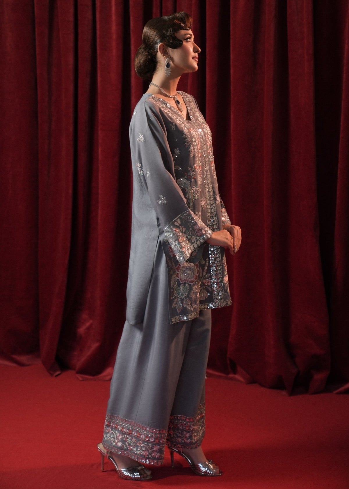 Designer Grey Chiffon Partywear Suit Online in Sri Lanka India Australia