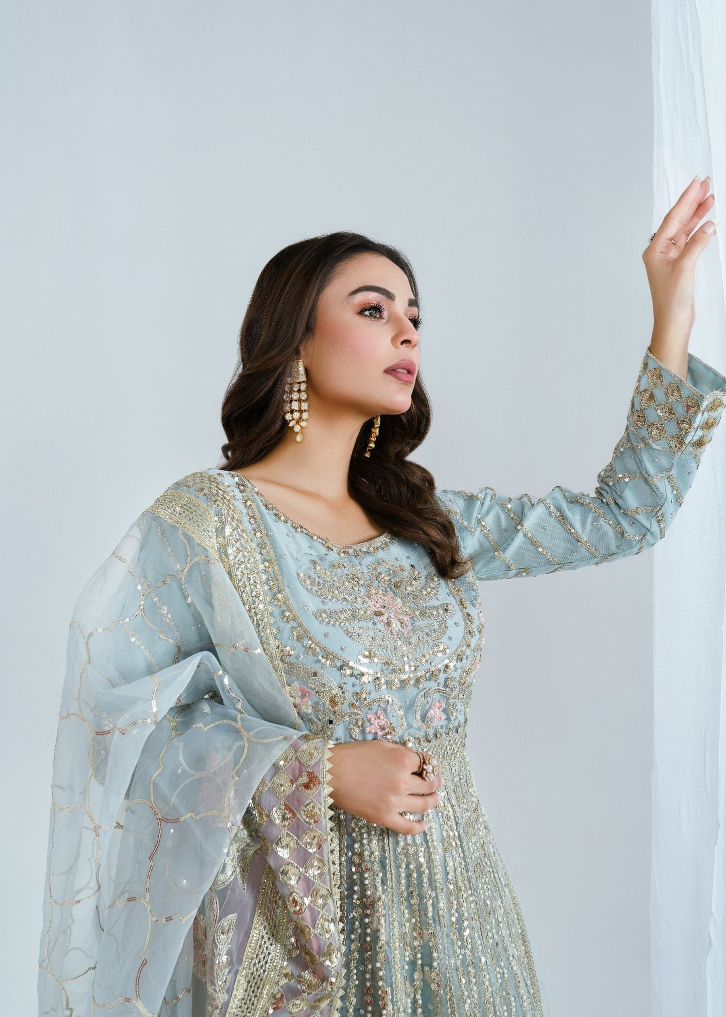Designer Ice Blue Net Maxi Gown Online in Dubai UAE Abudhabi Ajman Sharjah