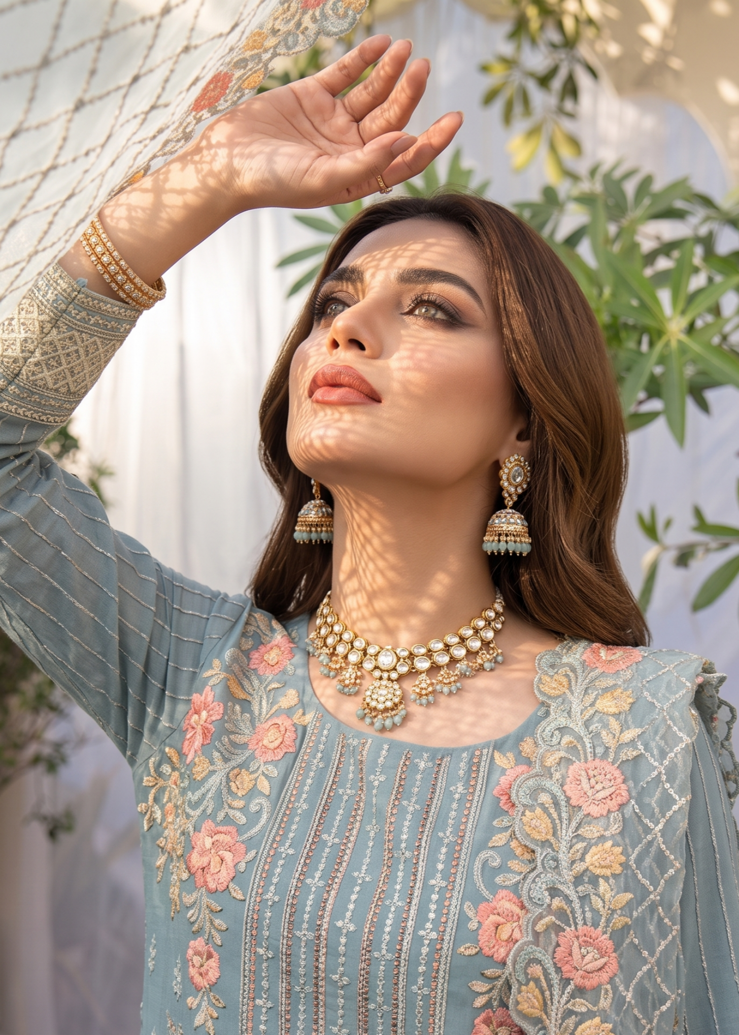 Designer Ice Blue Organza Ladies Suit Online in KSA Riyadh Saudi Arabia Oman Bahrain Qatar