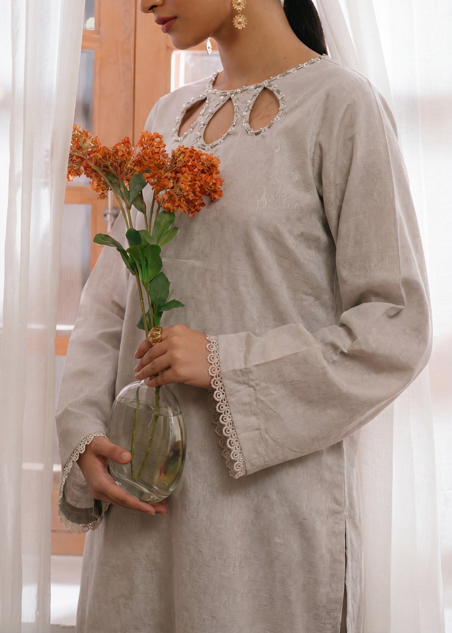 Designer Ivory Embellished Lawn Suit Online in Dubai UAE Abudhabi Ajman Sharjah