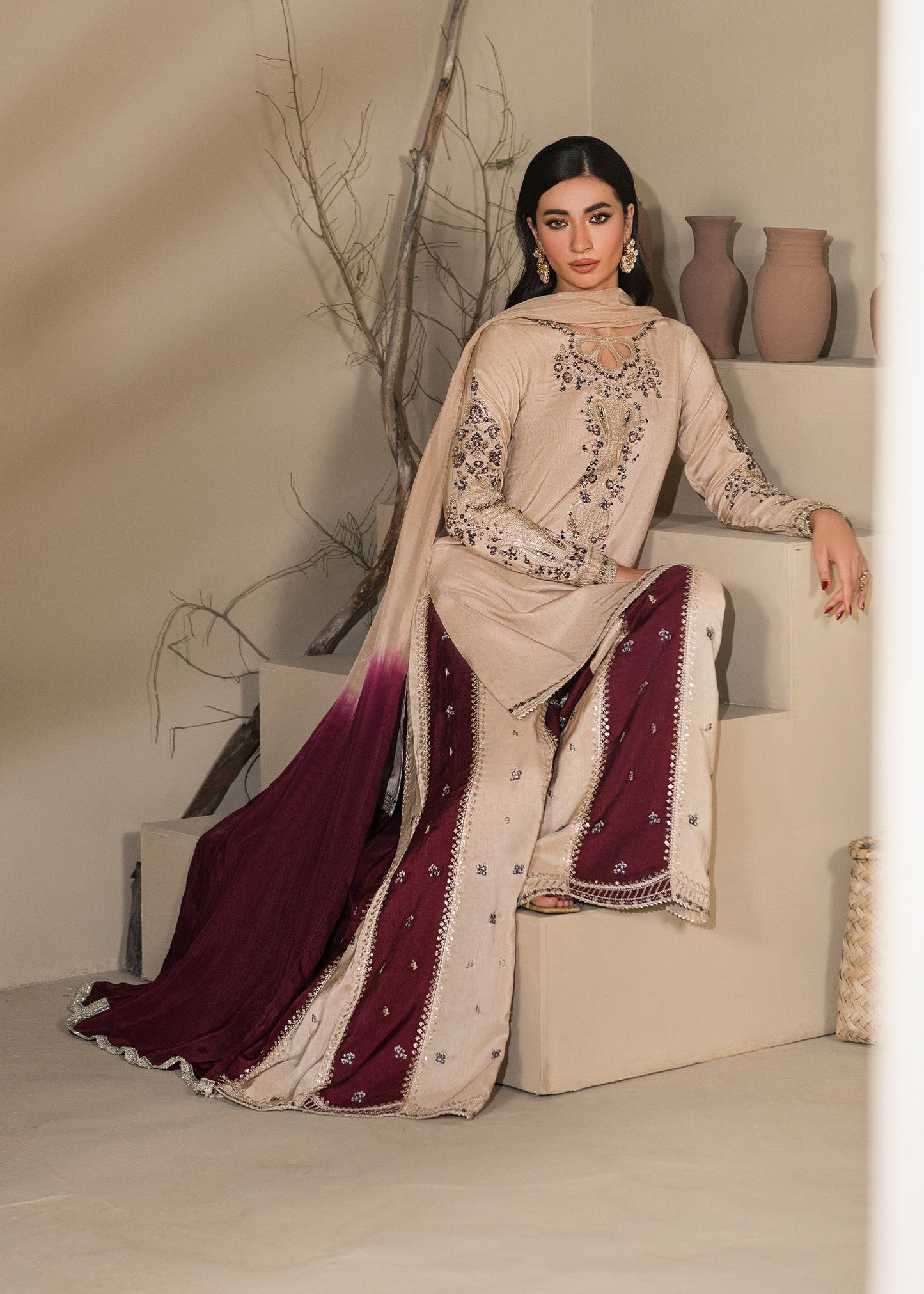 Designer Ivory Embellished Sharara Suit Online in UK USA Canada