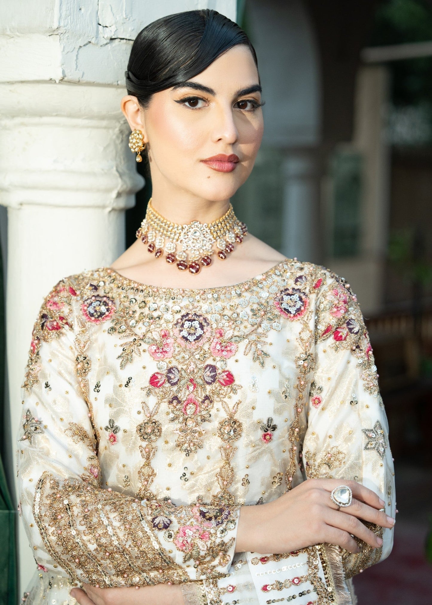 Designer Ivory Embroidered Chiffon Pishwas Online in UK USA Canada