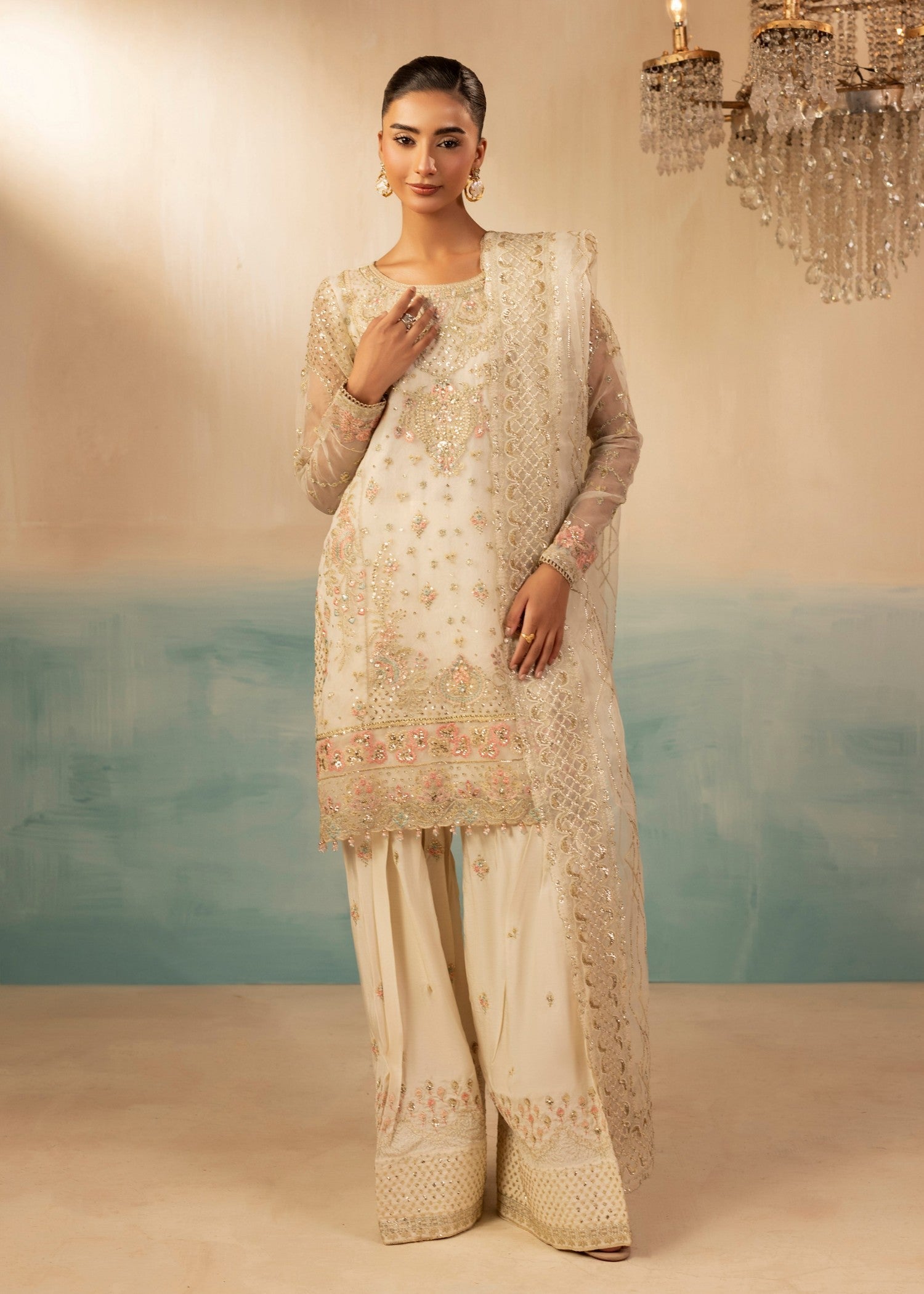 Designer Ivory Embroidered Organza Salwar Kameez Online in KSA Riyadh Saudi Arabia Oman Bahrain Qatar