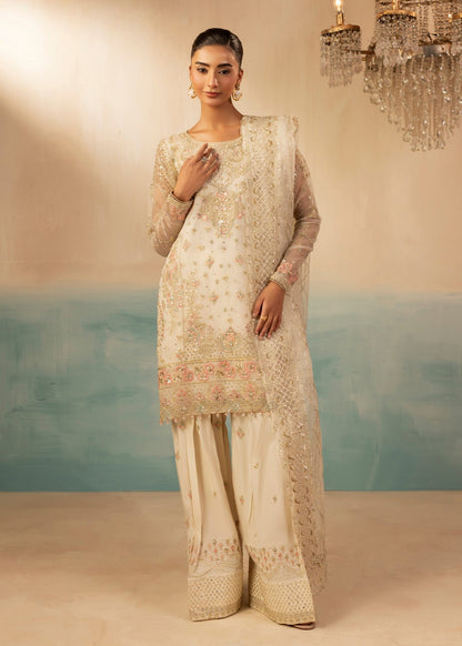 Designer Ivory Embroidered Organza Salwar Kameez Online in KSA Riyadh Saudi Arabia Oman Bahrain Qatar