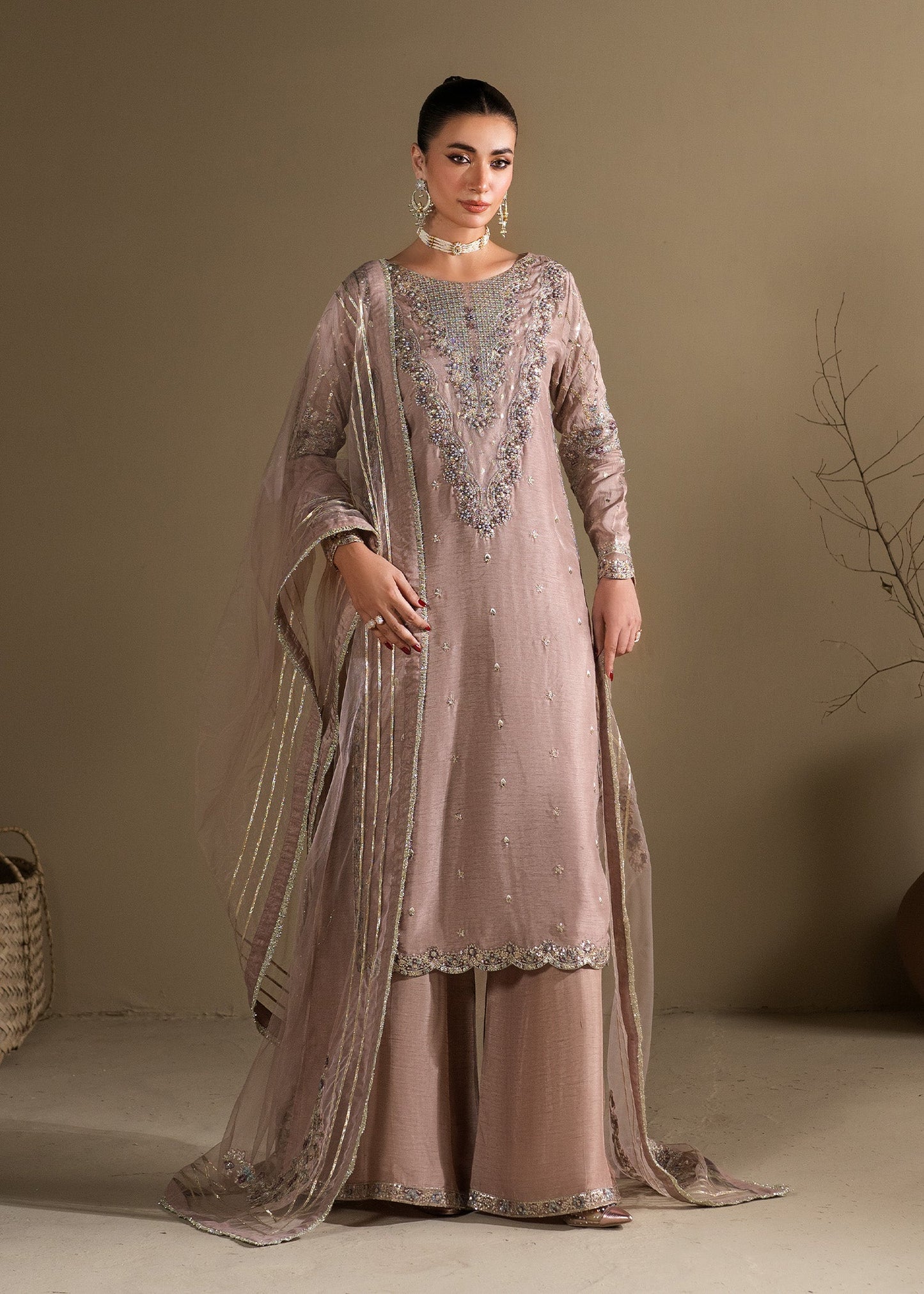 Designer Lilac Embellished Raw Silk Suit Online in UK USA Canada