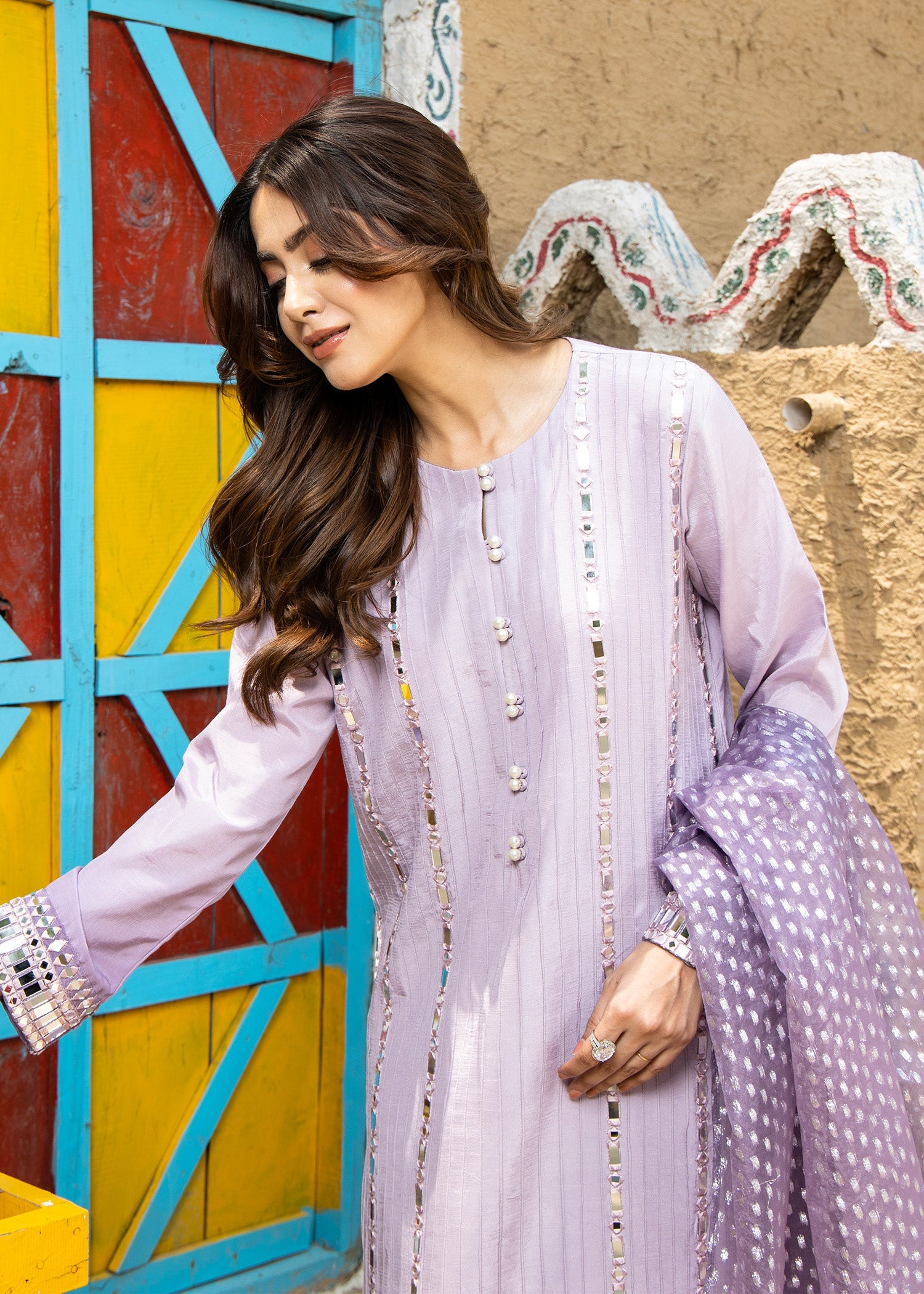 Designer Lilac Raw Silk Embroidered Festive Suit Online in KSA Riyadh Saudi Arabia Oman Bahrain Qatar