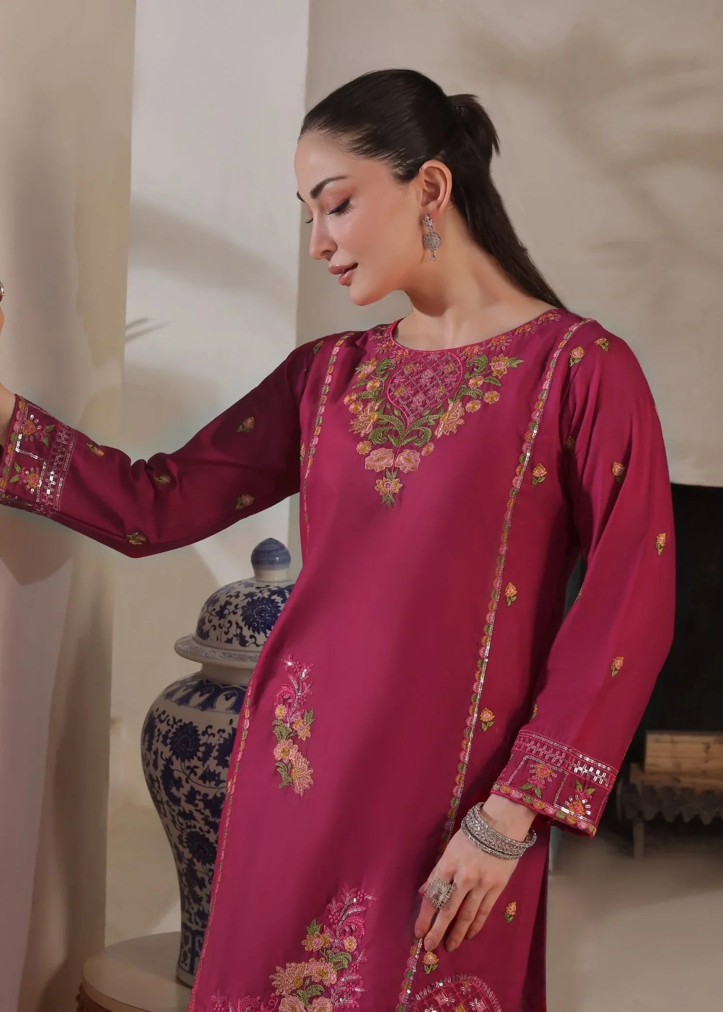 Designer Magenta Embroidered Lawn Salwar Kameez Online in KSA Riyadh Saudi Arabia Oman Bahrain Qatar