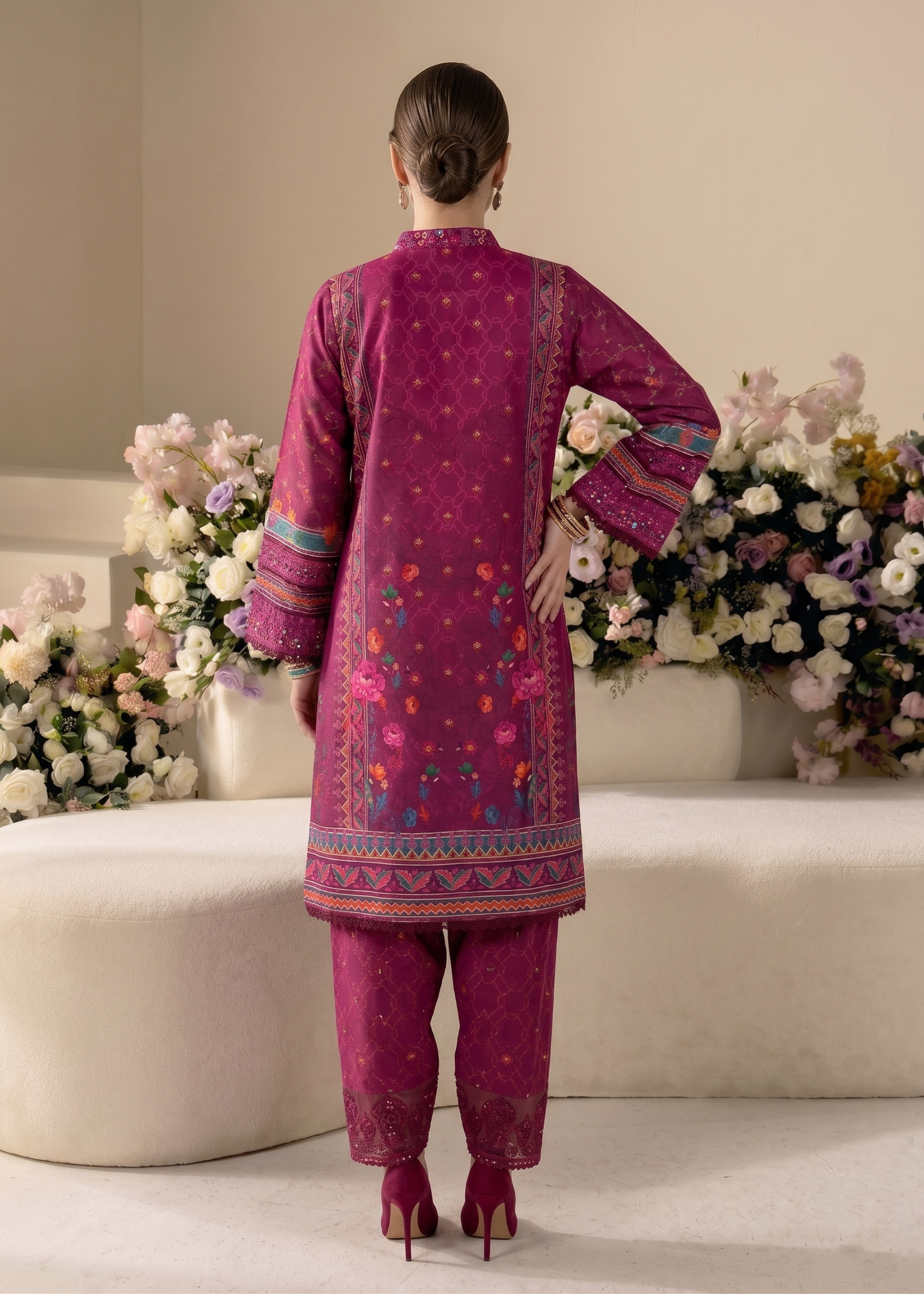 Designer Magenta Embroidered Raw Silk Farshi Shalwar Online in KSA Riyadh Saudi Arabia Oman Bahrain Qatar