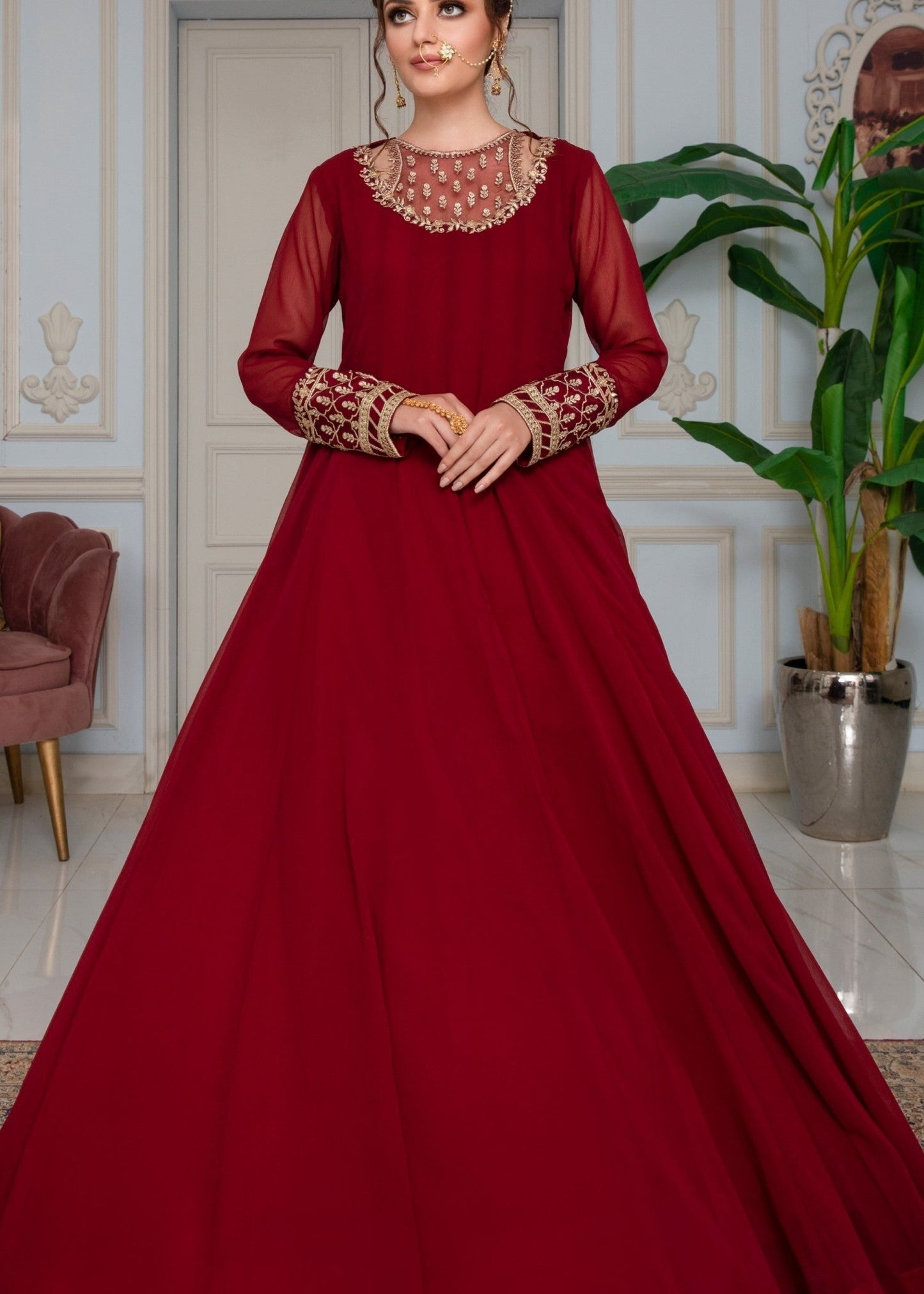Designer Maroon Chiffon Embroidered Kurta Set Online in UK USA Canada