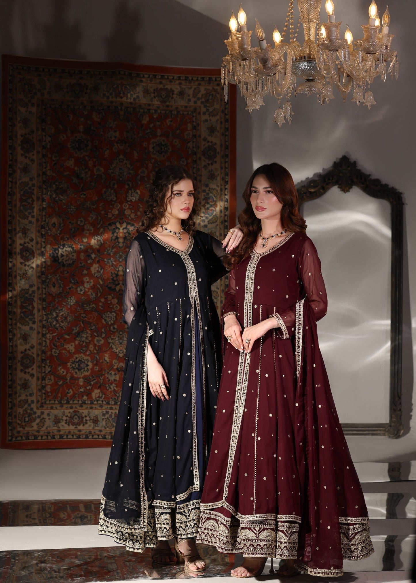 Designer Maroon Chiffon Embroidered Pishwas Online in Sri Lanka India Australia