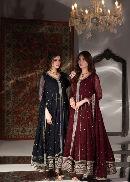 Designer Maroon Chiffon Embroidered Pishwas Online in Sri Lanka India Australia