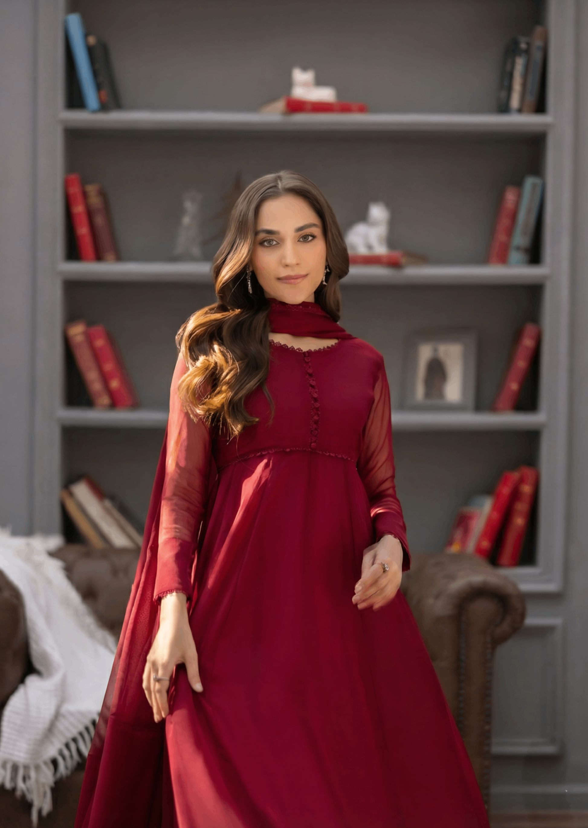 Designer Maroon Chiffon Kurta Set Online in UK USA Canada