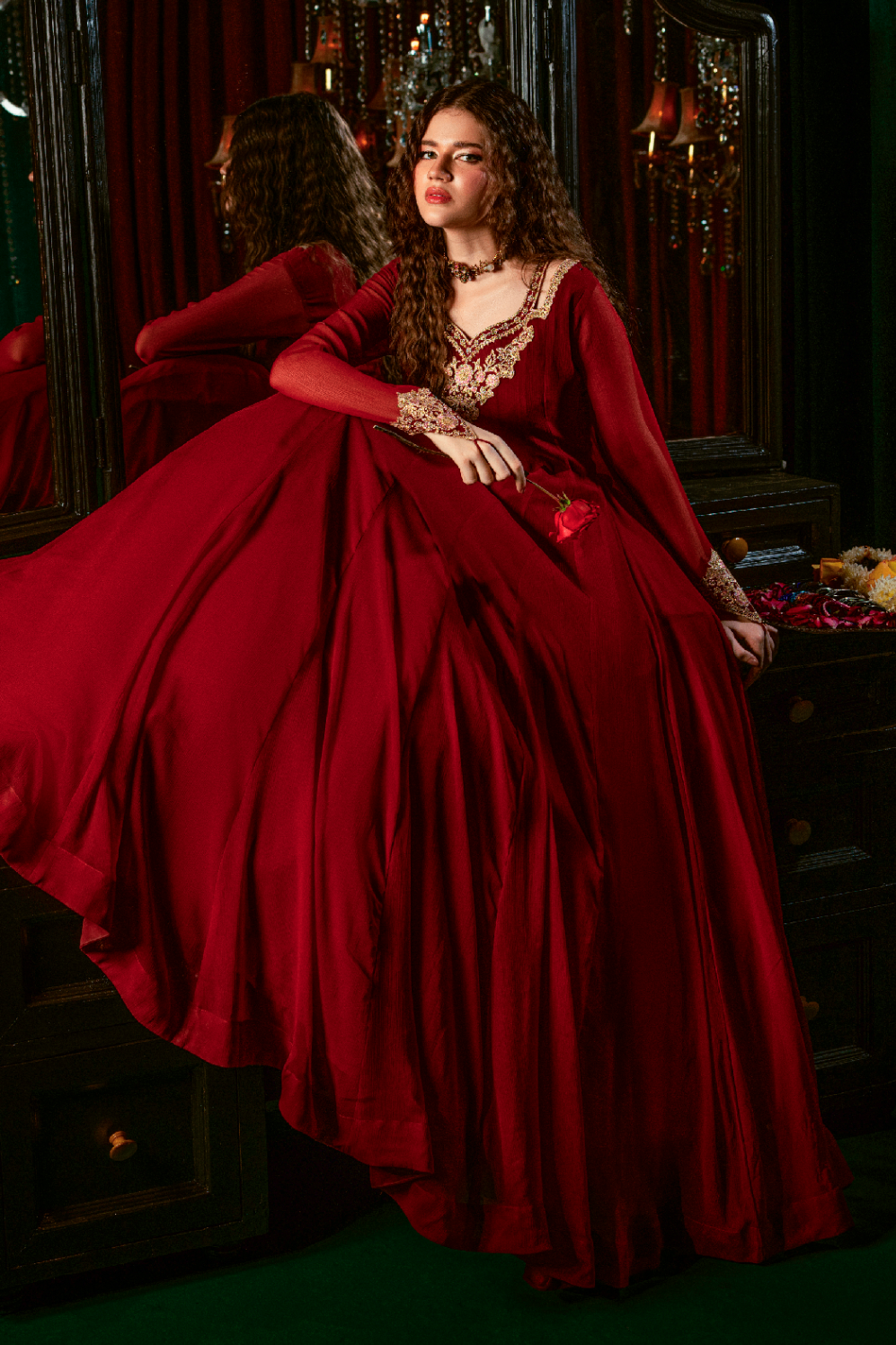 Designer Maroon Chiffon Partywear Pishwas Online in KSA Riyadh Saudi Arabia Oman Bahrain Qatar