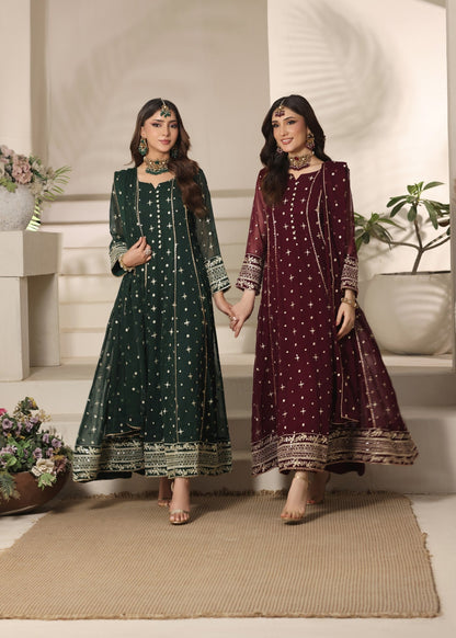 Designer Maroon Chiffon Pishwas Set Online in KSA Riyadh Saudi Arabia Oman Bahrain Qatar