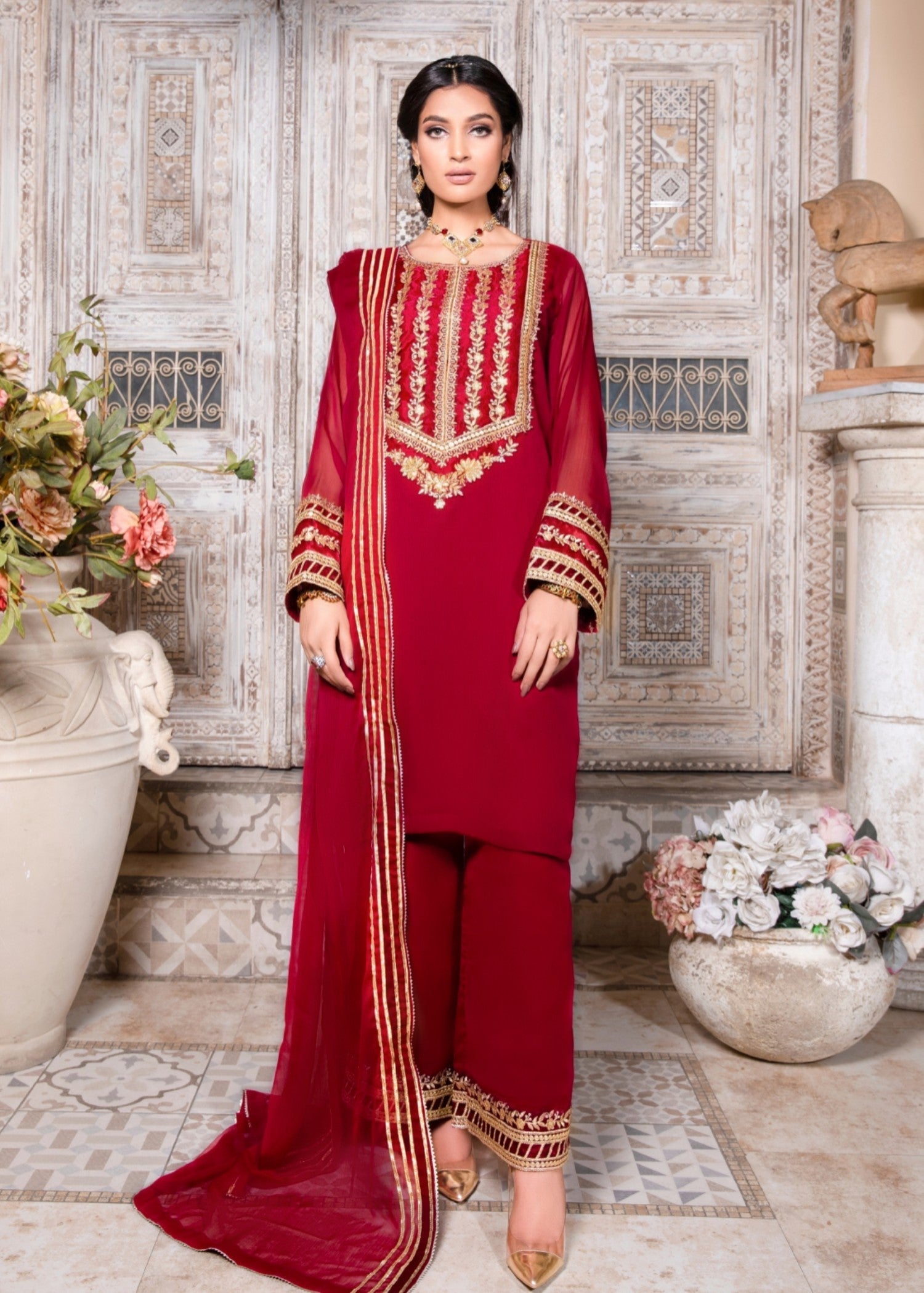 Designer Maroon Chiffon Straight Kurta Suit Online in KSA Riyadh Saudi Arabia Oman Bahrain Qatar
