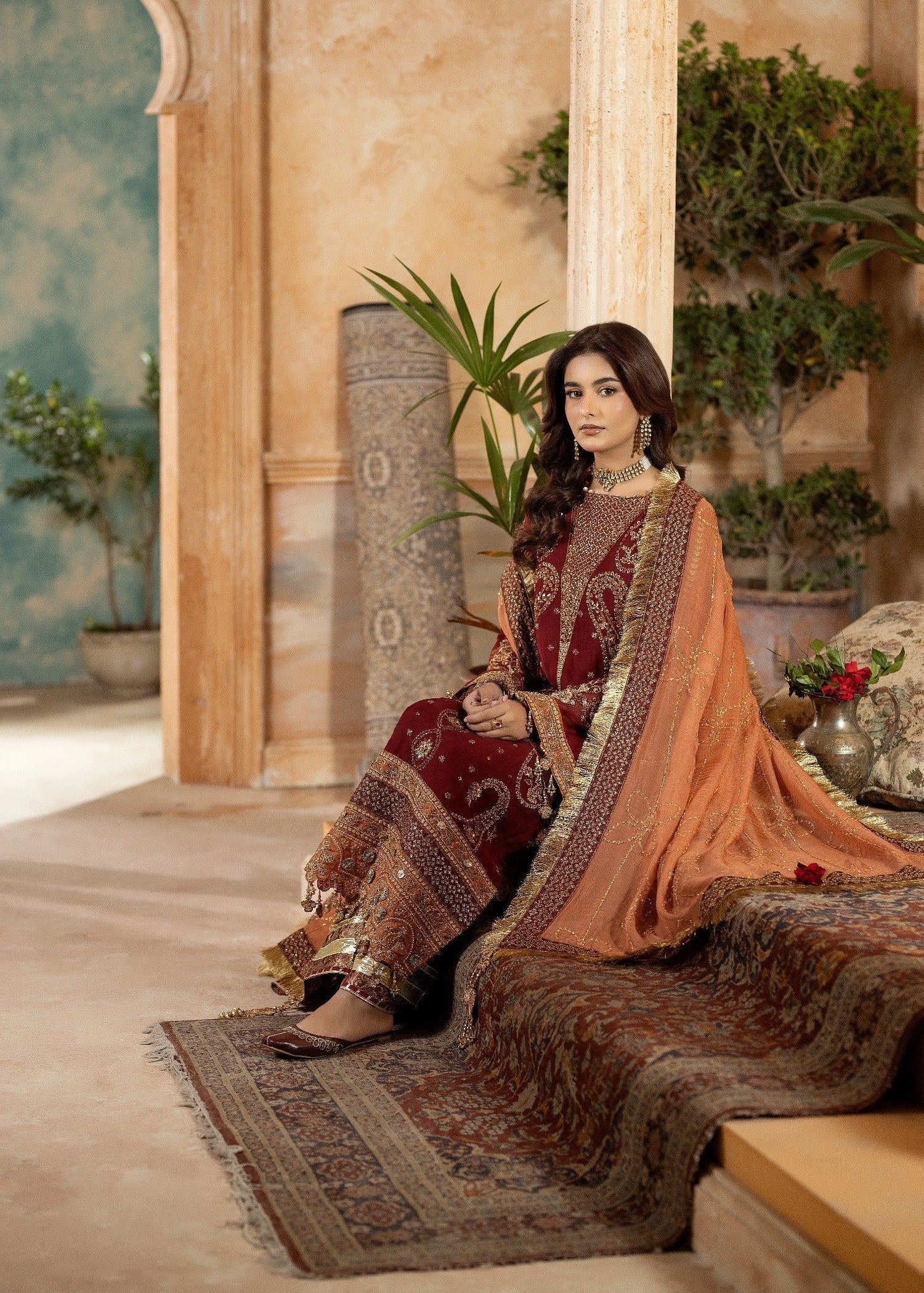 Designer Maroon Embroidered Chiffon Salwar Kameez Online in KSA Riyadh Saudi Arabia Oman Bahrain Qatar
