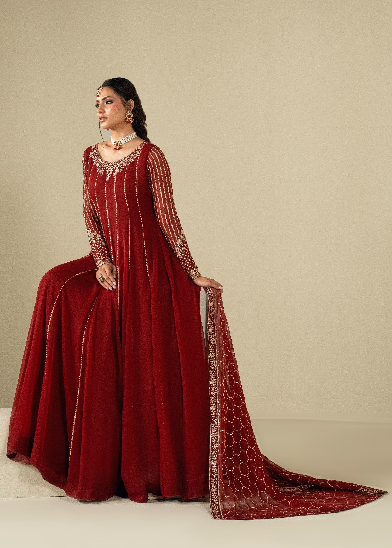 Designer Maroon Embroidered Chiffon Salwar Kameez Online in KSA Riyadh Saudi Arabia Oman Bahrain Qatar